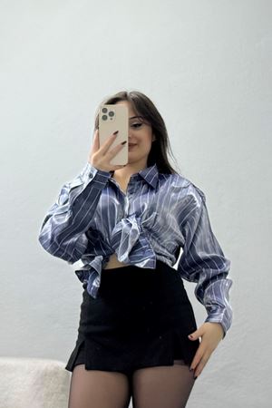 Çizgili Saten Oversize Gömlek Antrasit - 4009.1595.