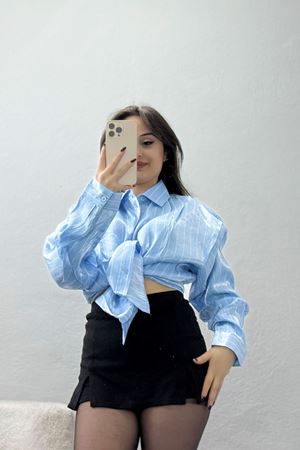 Çizgili Saten Oversize Gömlek Mavi - 4009.1595.