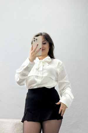 Yaka Bağlamalı Saten Gömlek Beyaz - 20002.1595.