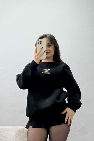 3 İplik Şardonlu Nakışlı Sweat Siyah - 42608.1878.