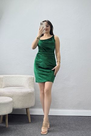 Tek Omuz Kayık Yaka Kadife Elbise Zümrüt - 1092.1595.