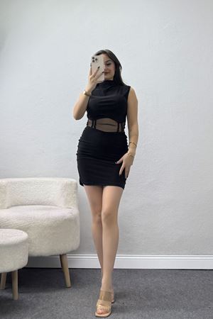 Tül Detaylı Mini Elbise Siyah - 3886.1595.