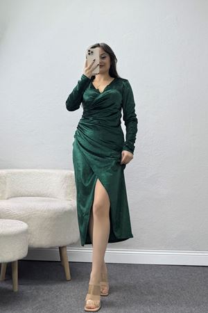 Drapeli Simli Kadife Elbise Zümrüt - 581892.1592.