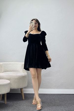 Yakası Taş Detaylı Kadife Elbise Siyah - 582342.1592.