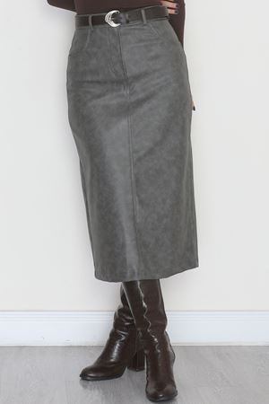 Yıkama Efektli Uzun Deri Etek Antrasit - 40906.444.