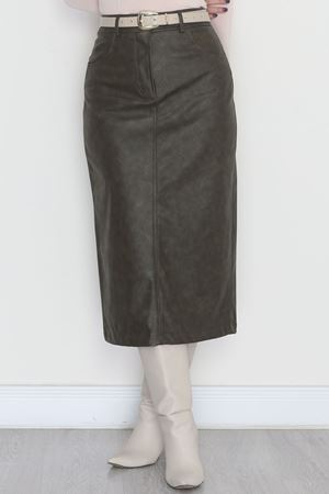 Yıkama Efektli Uzun Deri Etek Avcıyeşili - 40906.444.