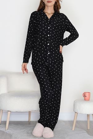 Düğmeli Süet Pijama Takımı Siyahyıldız1 - 450.1287.