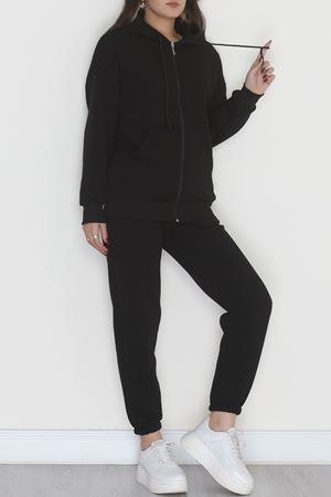 3 İplik Kapşonlu Eşofman Takımı Siyah - 20255.1878.