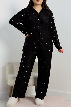 Büyük Beden Süet Düğmeli Pijama Takımı Siyahkalp - 455.1287.