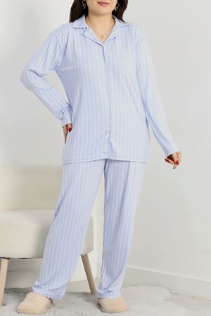 Büyük Beden Soft Milan Düğmeli Pijama Takımı Maviçizgili - 754.1287.