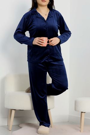 Büyük Beden Likralı Fransız Kadife Pijama Takımı Lacivert - 42067.1049.