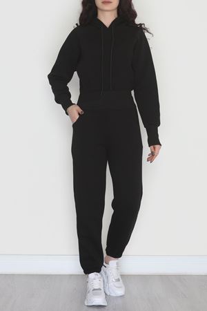 Üç İplik Crop Eşofman Takımı Siyah - 70778.1878.