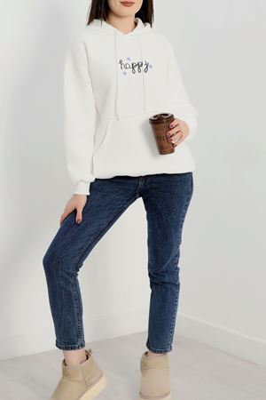 3 İplik Kanguru Cepli Kapşonlu Sweat Beyaz - 42250.1878.