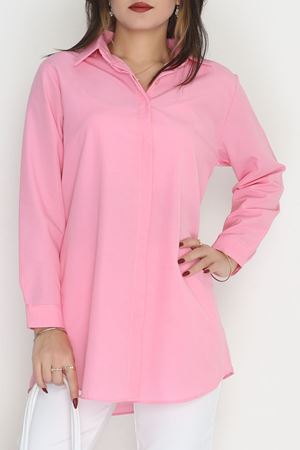 Terikoton Gizli Düğmeli Kadın Gömlek Tunik Pembe - 90112.1949.