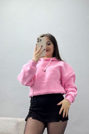 Kapşonlu Crop Sweat Pembe - 20959.1878.