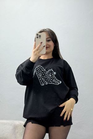 2 İplik Baskılı Sweatshirt Siyahekru - 31302.1878.