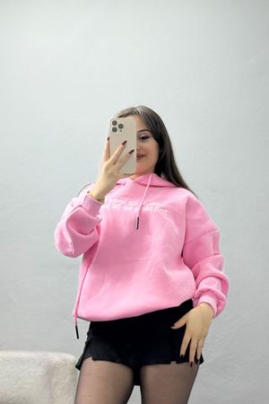 3 İplik Kapşonlu Nakışlı Sweat Pembebeyaz - 42231.1878.