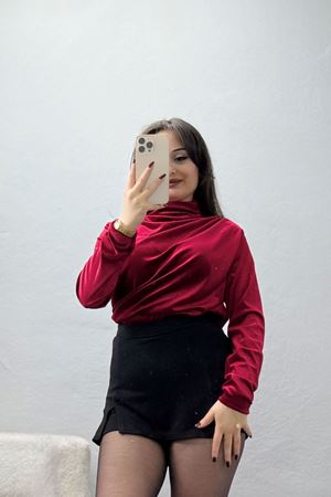 Drape Detaylı Kadife Bluz Bordo - 42664.1949.