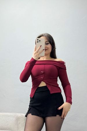 Madonna Yaka Düğmeli Bluz Bordo - 45620.1595.