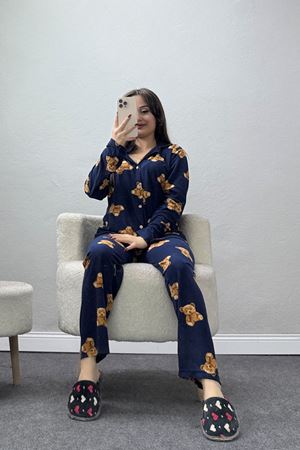 Düğmeli Süet Pijama Takımı Laciayı - 450.1287.