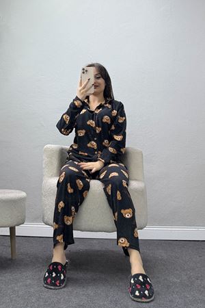 Düğmeli Süet Pijama Takımı Siyahayı - 450.1287.