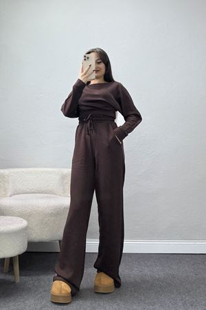 Kayık Yaka Modal Kumaş İkili Takım Kahve - 42673.1247.