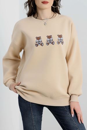 3 İplik Bisiklet Yaka Sweat Bej - 42240.1878.