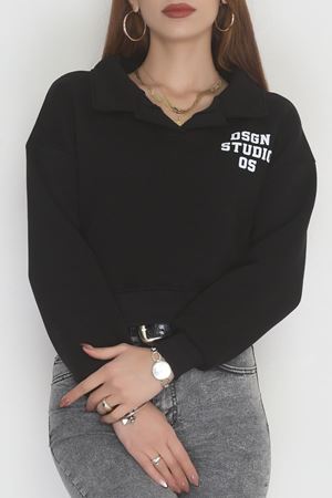 3 İplik Şardonlu Polo Yaka Baskılı Sweat Siyah - 42602.1878.