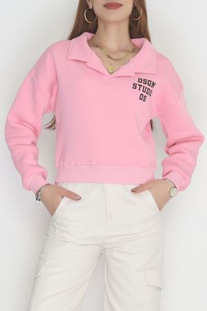 3 İplik Şardonlu Polo Yaka Baskılı Sweat Pembe - 42602.1878.
