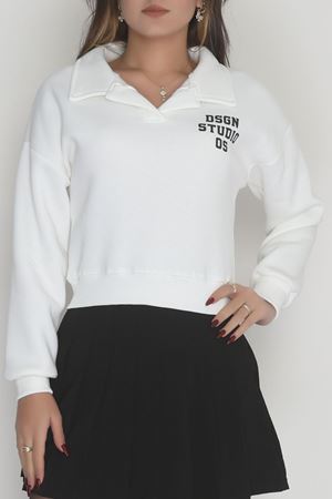 3 İplik Şardonlu Polo Yaka Baskılı Sweat Ekru - 42602.1878.