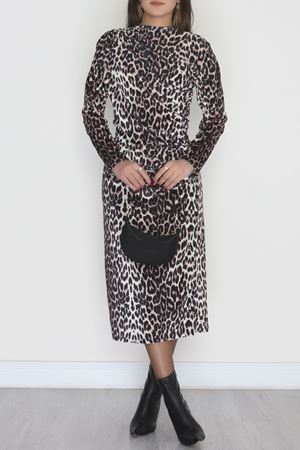 Dik Yaka Desenli Kadife Elbise Leopar - 42668.1949.