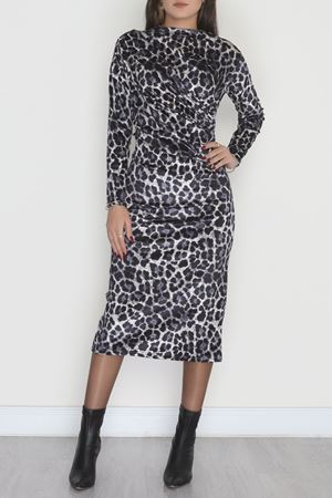 Dik Yaka Desenli Kadife Elbise Mavileopar - 42668.1949.