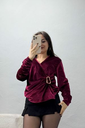 Beli Toka Detaylı Kadife Bluz Bordo - 42663.1949.
