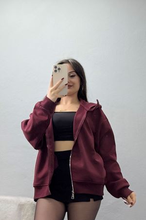Double Face Kumaş Fermuarlı Kapşonlu Sweat Bordo - 42677.1437.