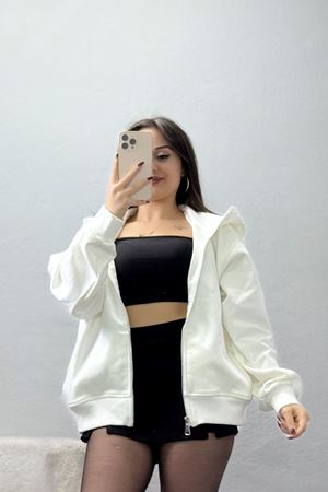 Double Face Kumaş Fermuarlı Kapşonlu Sweat Ekru - 42677.1437.