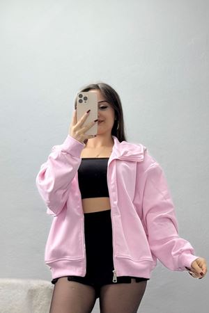 Double Face Kumaş Fermuarlı Kapşonlu Sweat Pembe - 42677.1437.