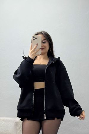 Double Face Kumaş Fermuarlı Kapşonlu Sweat Siyah - 42677.1437.
