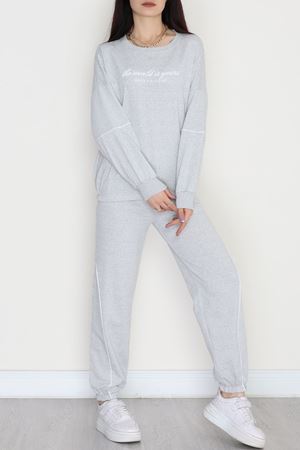 Biyeli Baskılı 2 İplik Eşofman Takımı Gri - 50791.1857.