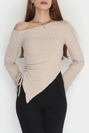 Kayık Yaka Likralı İnterlok Fitilli Body Bej - 90965.1748.