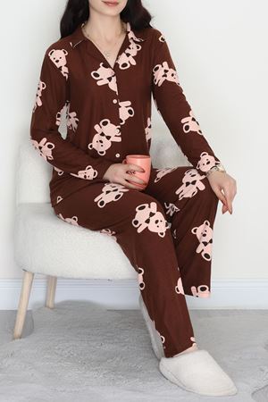 Düğmeli Süet Pijama Takımı Kahvebej - 450.1287.