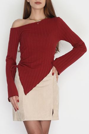 Kayık Yaka Likralı İnterlok Fitilli Body Bordo - 90965.1748.