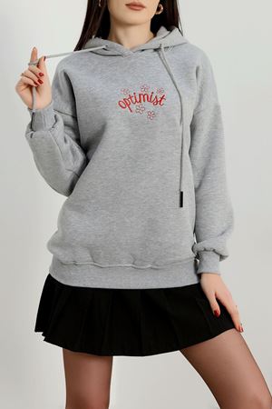 3 İplik Kapşonlu Nakışlı Sweat Grikırmızı - 42230.1878.