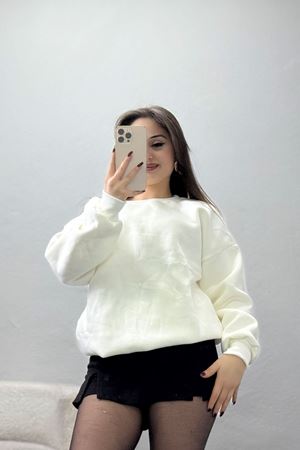 Bisiklet Yaka Üç İplik Sweat Ekru - 20138.1878.