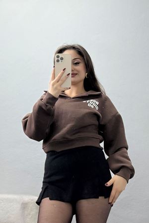 3 İplik Şardonlu Polo Yaka Baskılı Sweat Kahve - 42602.1878.