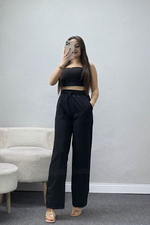 Beli Lastikli Dabıl Palazzo Pantolon Siyah - 90714.1837.