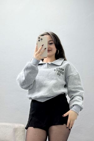 3 İplik Şardonlu Polo Yaka Baskılı Sweat Gri - 42602.1878.