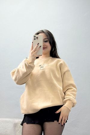 3 İplik Şardonlu Nakışlı Sweat Bej - 42608.1878.