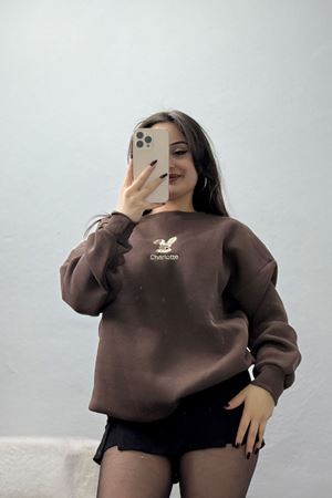 3 İplik Şardonlu Nakışlı Sweat Kahve - 42608.1878.