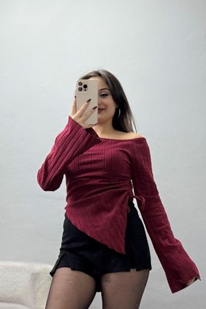 Kayık Yaka Likralı İnterlok Fitilli Body Bordo - 90965.1748.