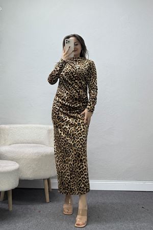 Dik Yaka Desenli Kadife Elbise Leopar2 - 42668.1949.